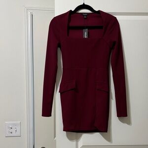 Boohoo Deep Burgundy Long Sleeve Square Neck Bodycon Dress